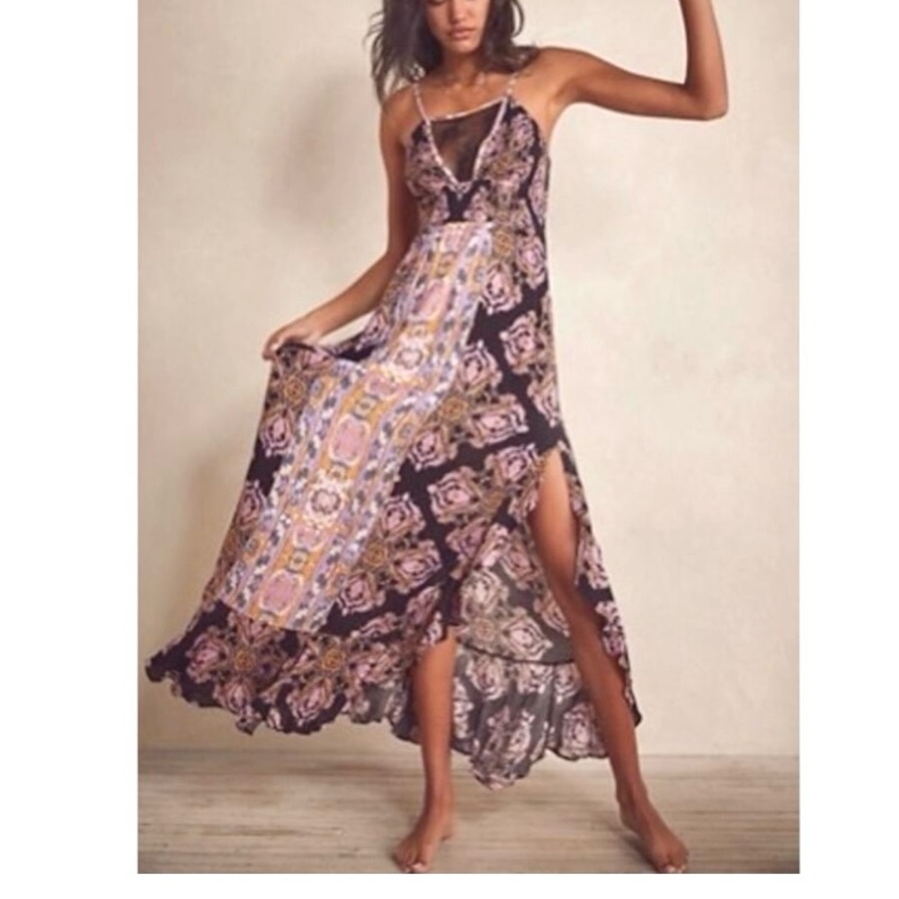Free People Black Maxi Dress with Pink and Gold Paisley Print